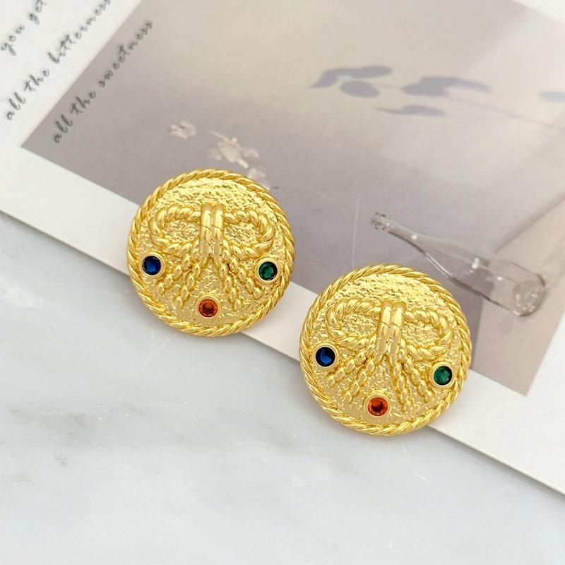 Summer High-End Color Zircon Inlaid Bow Gold Round Stud Earrings