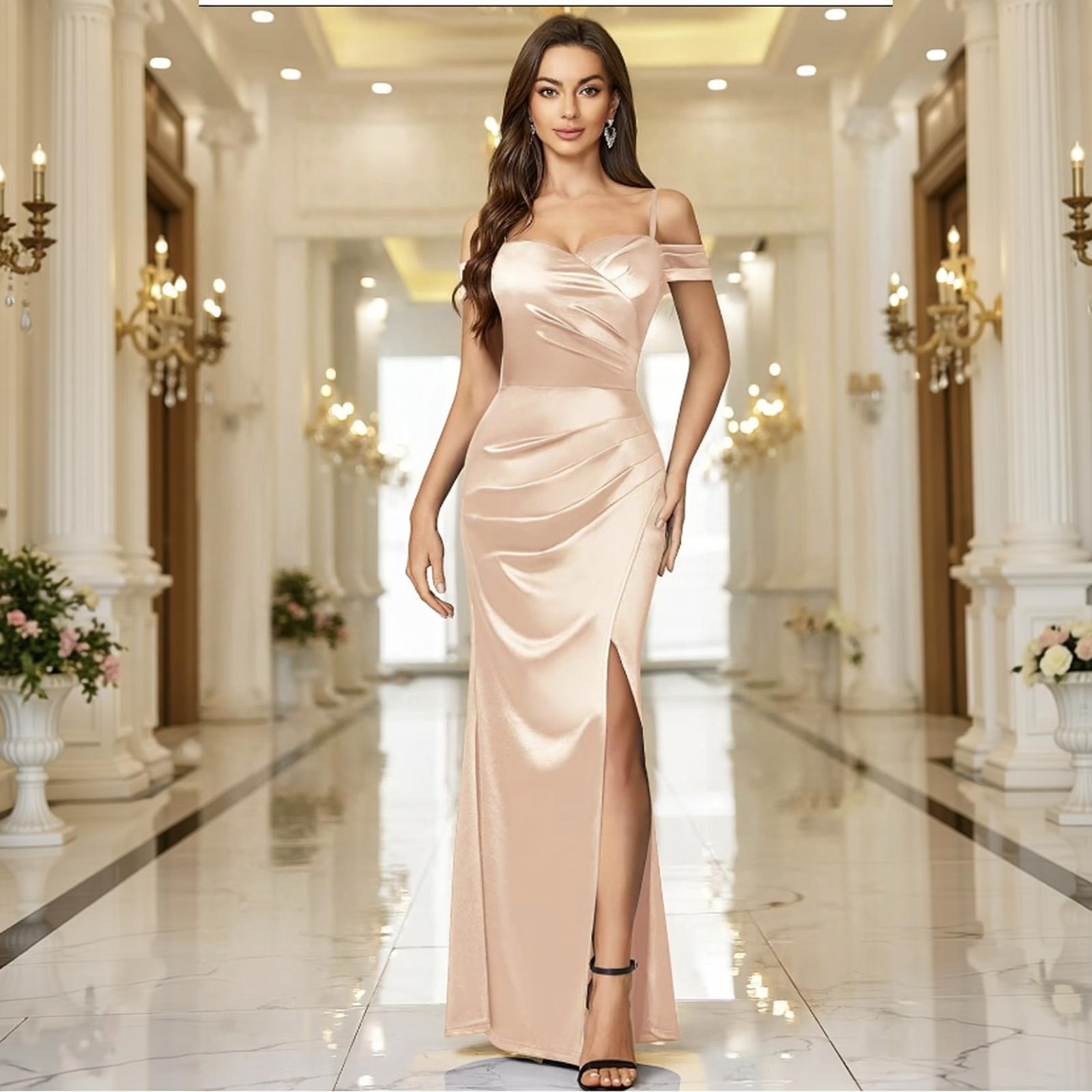 Women s Spaghetti Strap Off-Shoulder Evening Dress with Side Slit XXL бежевый