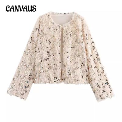 Kurze Feder Pailletten Strickjacke Frauen Temperament Elegante Rundhals Langarm Jacke