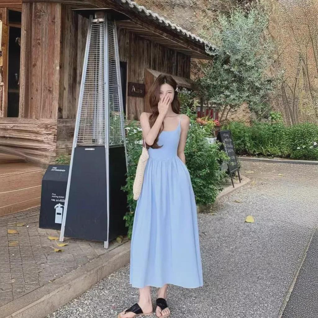Kumikumi Blue Summer 2024 Women's Slim Waist Suspender Dress