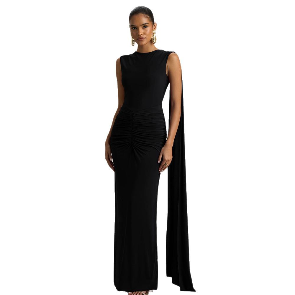 Spring Elegant European and American Women's Evening Gown - Sexy Backless Long Skirt with Flowing Ribbon