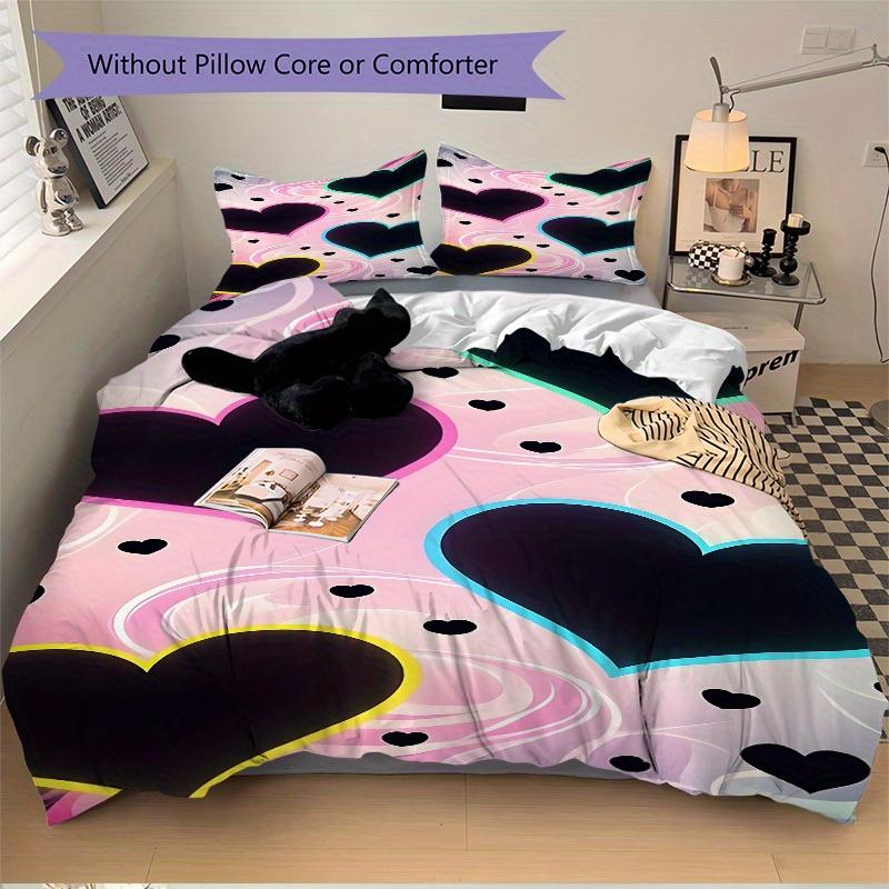 3Pcs Neon Hearts Printed Bedding Set, Breathable And Soft, Machine Washable, Christmas Gift, Suitable for Bedroom Decoration, 15171