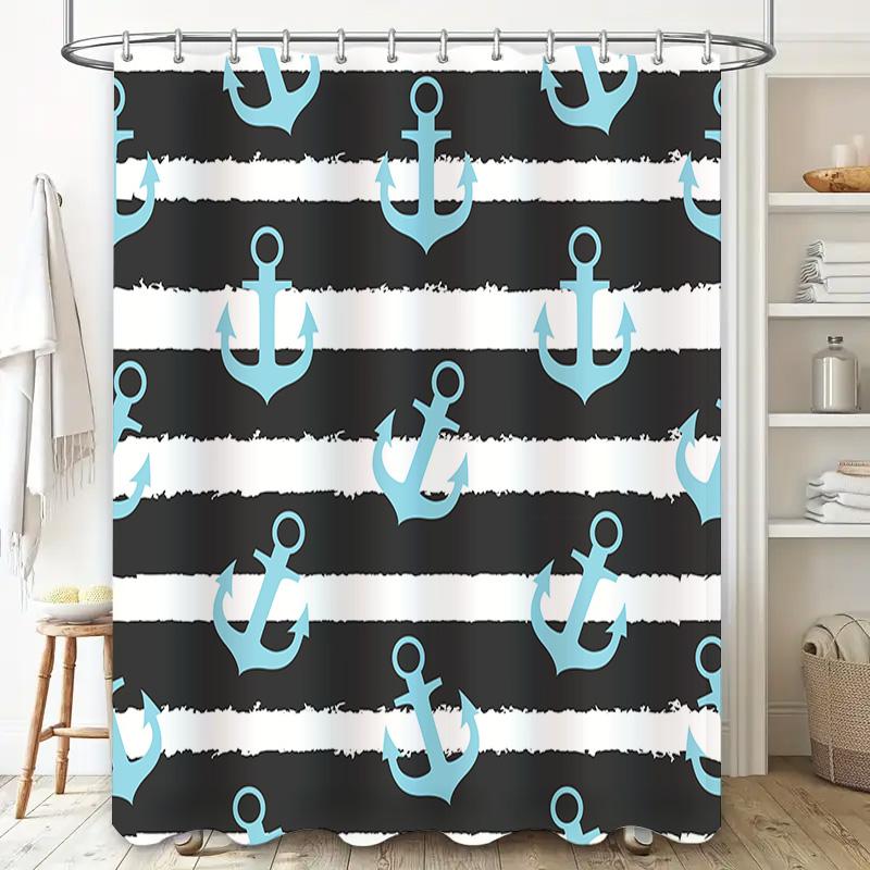 Blue Anchor Bath Shower Curtain Striped Waterproof Fabric Decorative Bathroom Decor Navy Blue Black Stripe Printed Pattern 180 x