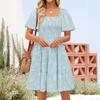 Women's Fashionable Color Square Neck Short Sleeved Casual Loose Dress