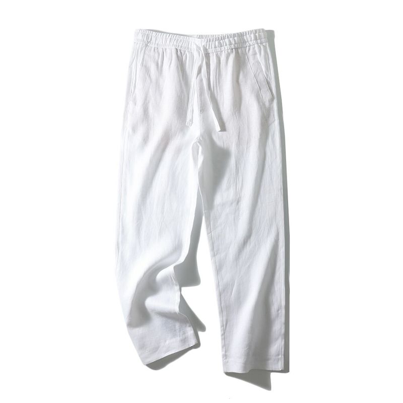 Summer Thin 100% Pure Linen Pants for Men, Loose Straight Cotton-Linen Cropped Pants, Export Men s Casual Long Pants White M