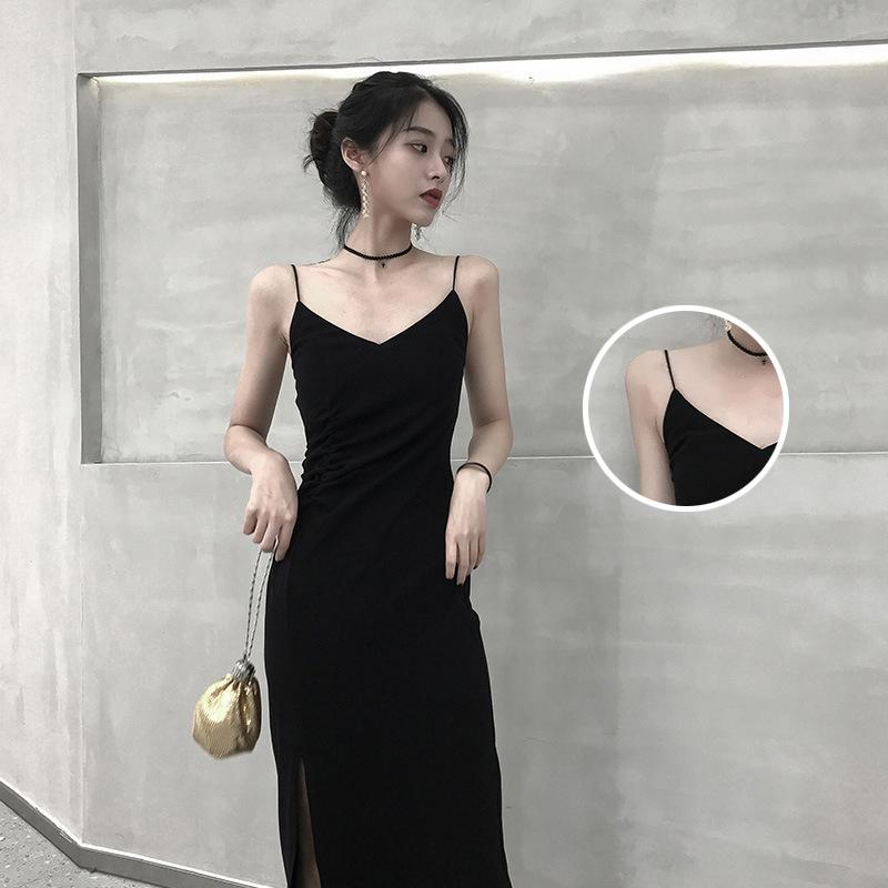 Suspender Dress Female Platycodon French Slimming New Summer Retro Split Fork Inner with Base Small Black Skirt