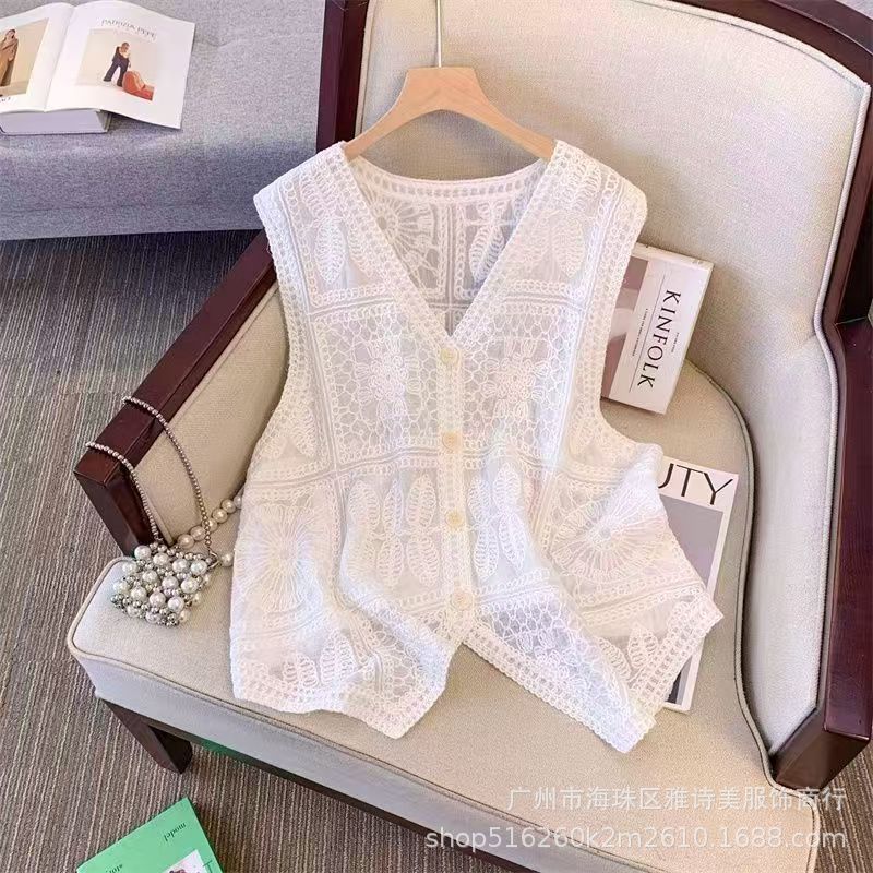Foreign-style versatile hook flower hollow vest women's summer new V-neck high-end sleeveless stacked loose top