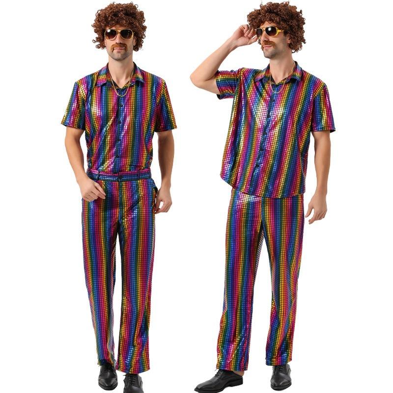 Halloween Men's Retro 70 Disco Hip Hop Suit Hippie Elvis Printed Shirt Set