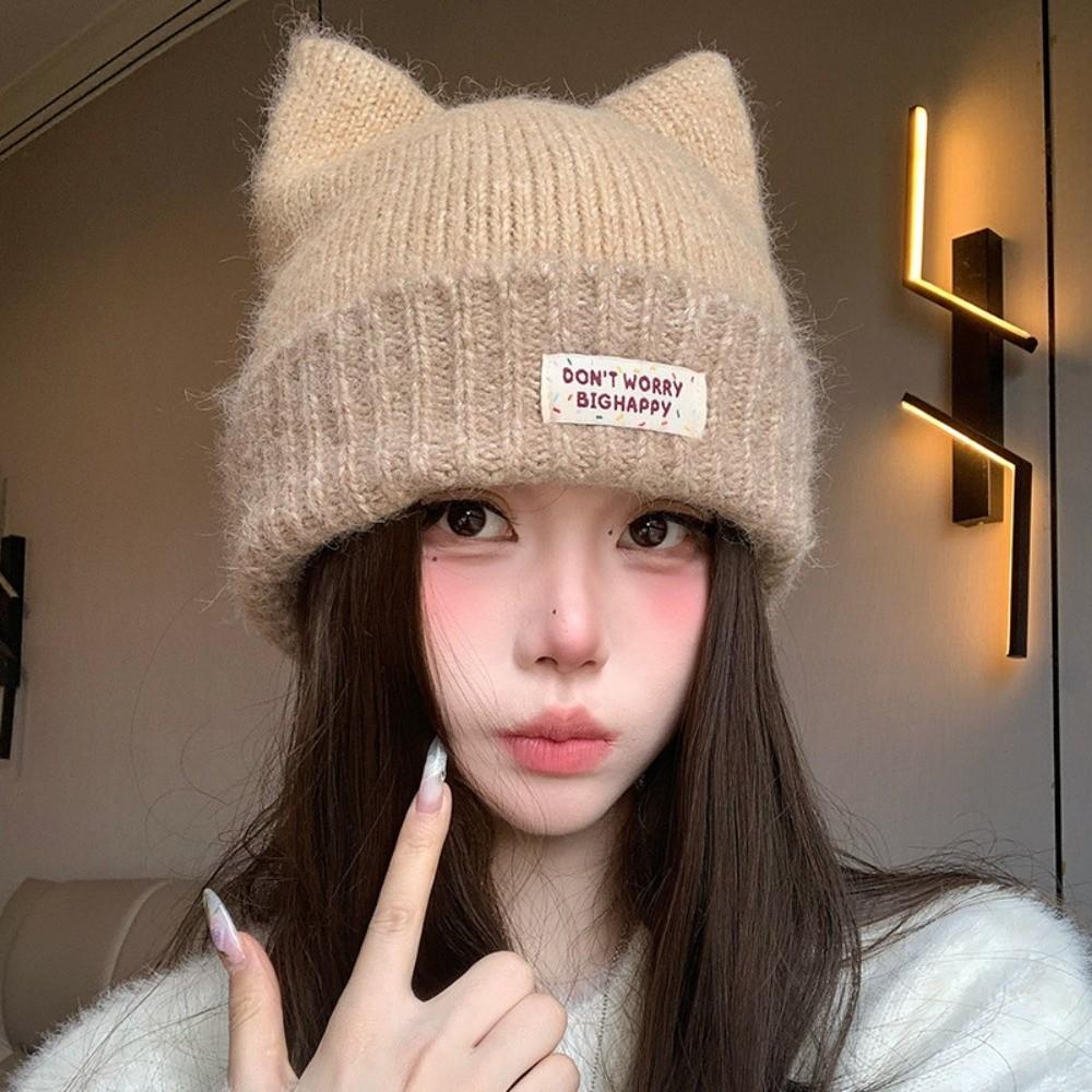 56-58cm Fleece Lined Knitted Hat Polyester Earflap Hat Casual Cat Ear Beanie For Students