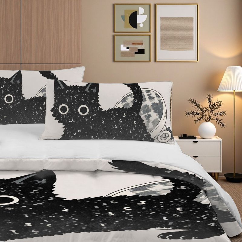 3-Piece Set Bedding Pillowcase Quilt Cover Set Black Hair White Face Cat 2D Digital Printing For Bedroom Dormitory Decoration