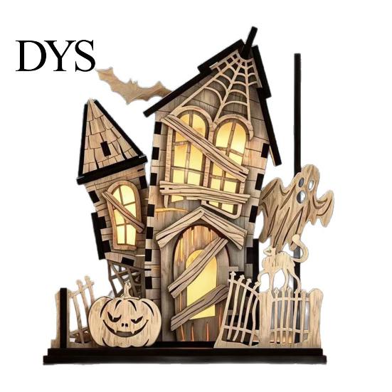 Immersive Lighted Holiday Figurine 3D Halloween Village Haunted House Figurine, Spooky Light Up Wooden Castle Ornament Festival Interior Furnishing