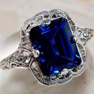Vintage Women Blue Sapphire Gemstone Silver Tone Filigree Wedding Ring
