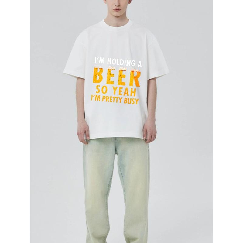 Black T Shirt with Beer Text Print for Casual Wear