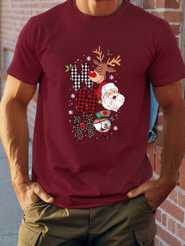 Herren Sommer Baumwoll Rundhals T-Shirt mit festlichem "Hohoho"-Design - Lässiges Kurzarm-Tee mit Weihnachtsmann