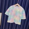 Girl Suits Summer Ice Silk Rainbow Gradient Color Loose T-shirt + Pants Suit 3-12 Years Old Children's Tie-dye Clothing