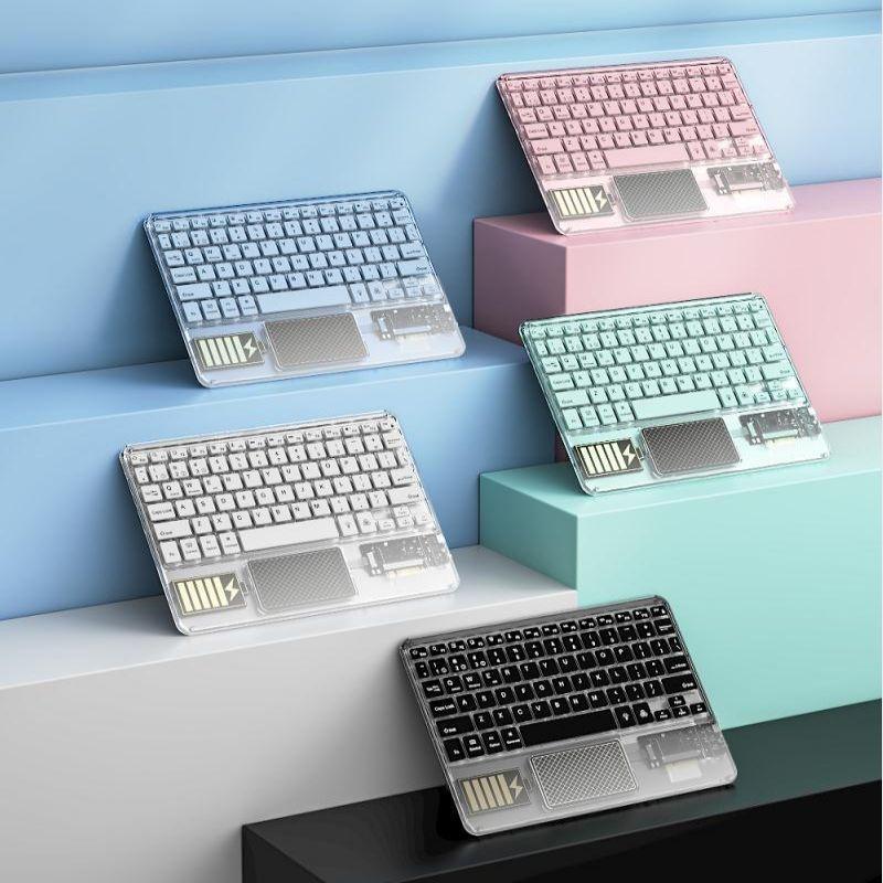 Transparentná RGB Bluetooth klávesnica s touchpadom nabíjateľná bezdrôtová klávesnica pre iPad Android iOS Windows Tablet