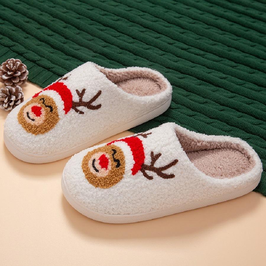 Niedliche Geweih-Weihnachtselement-Baumwollpantoffeln für Damen, Samt, verdickt, für zu Hause, warm, Herbst- und Winterpantoffeln, neutral