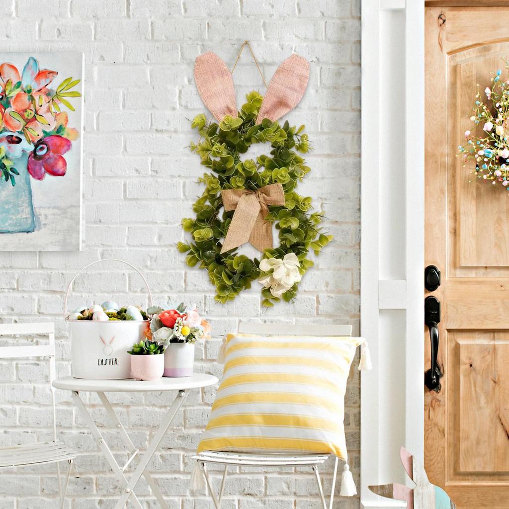 Easter Wreaths for Front Door 19.6 Inch Artificial Easter Bunny Decor Front Door Wreath with Flower and Bow for Porch Indoor