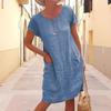 Summer Loose Solid Color Pocket Short Sleeve Crew Neck Dress for Women