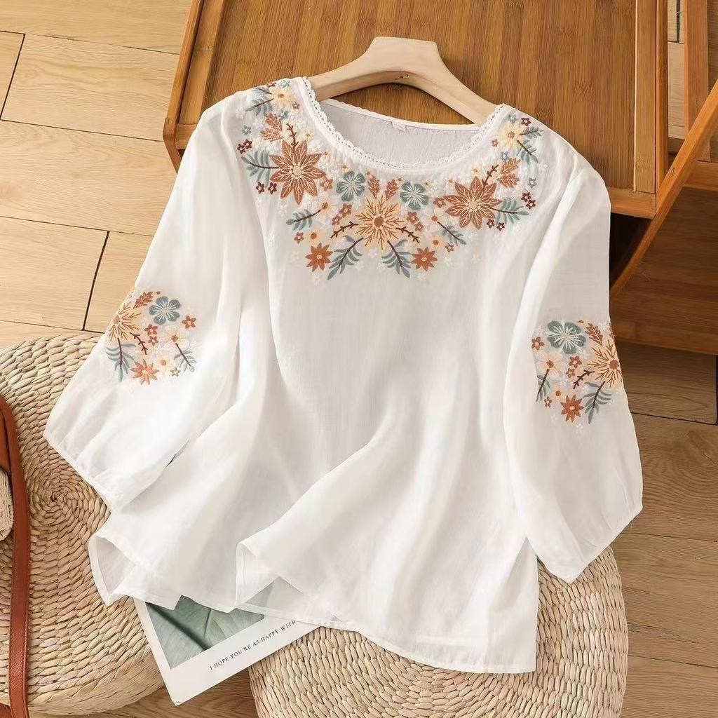 Tops Women Cotton Summer Large Size T-shirt Embroidery Loose Comfortable Printed Casual Pullover T-shirt Top