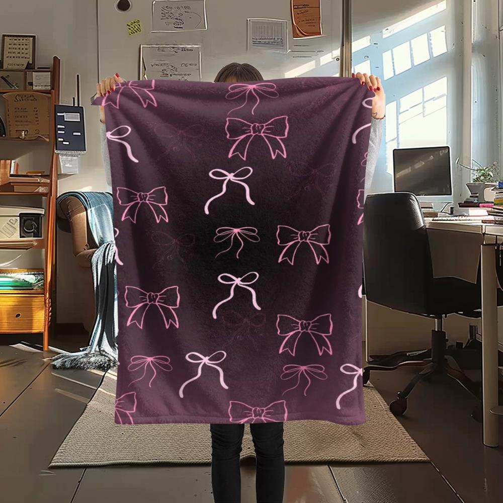 1Pc Pink Bow Butterfly Print Flannel Blanket, High Quality Comfortable for All Seasons, Home Decor, Warmth and Comfort, Perfect for Gifts