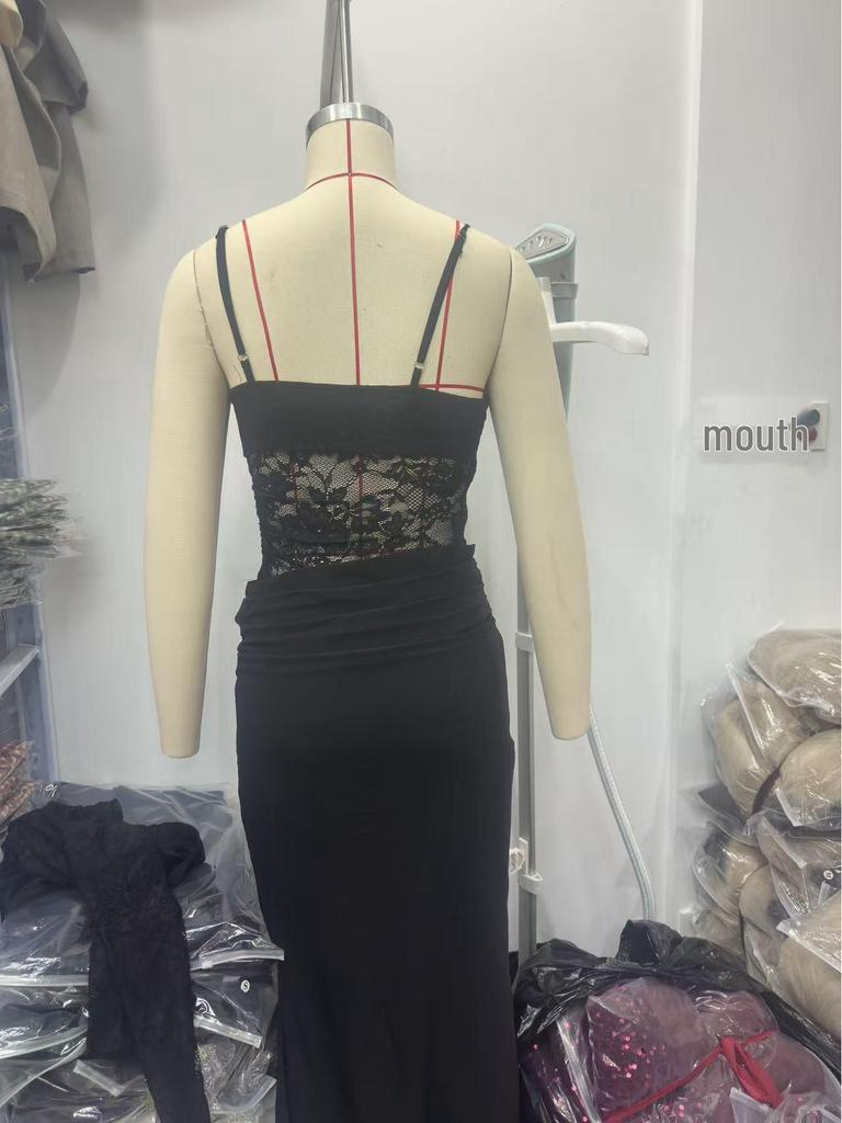 Elegante Abito Canotta con Patchwork di Pizzo Stile Europeo e Americano per Donna - Abbigliamento da Banchetto Sexy e Modellante