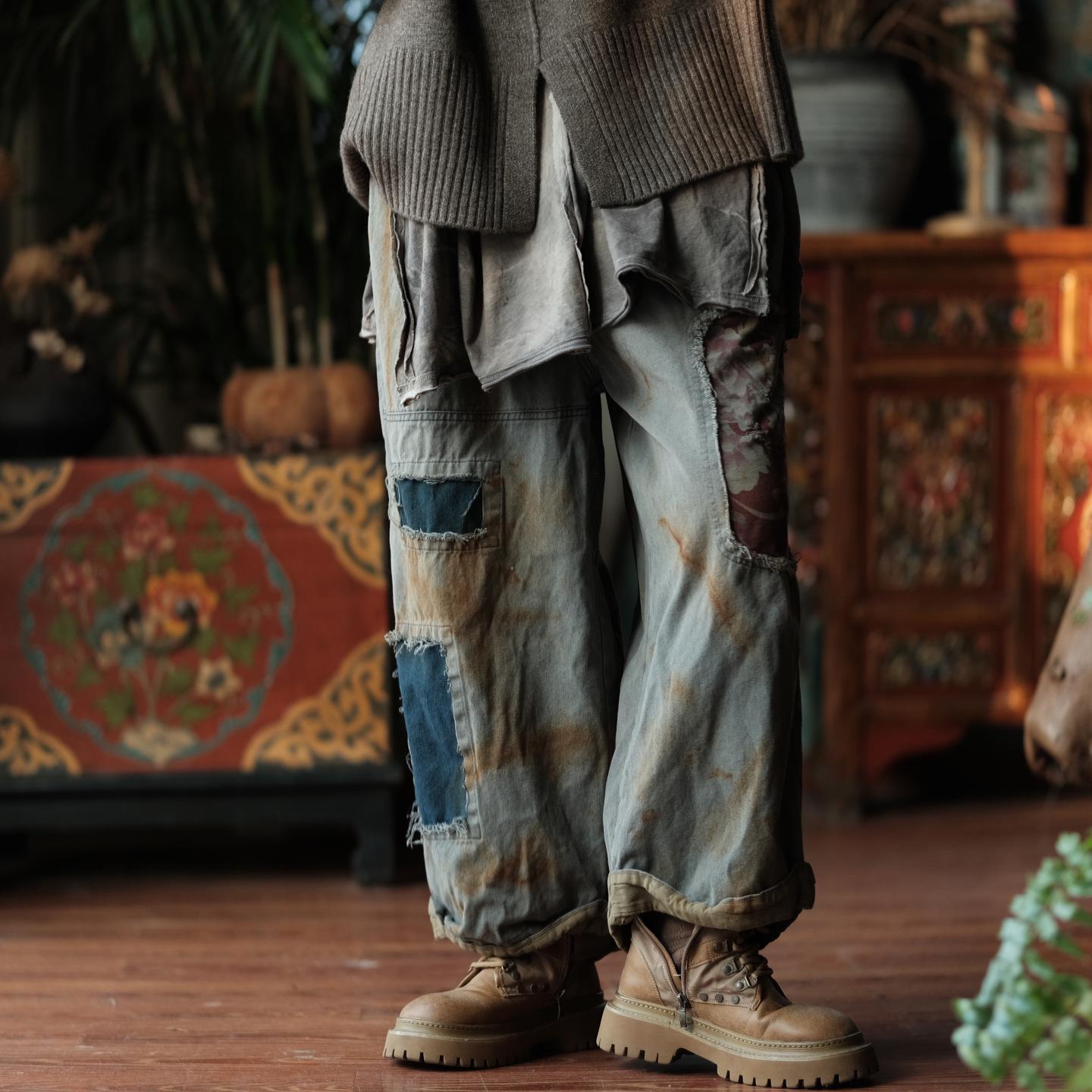 

Fall Red Phoenix Plant-Dyed Patchwork Denim Pants One Size