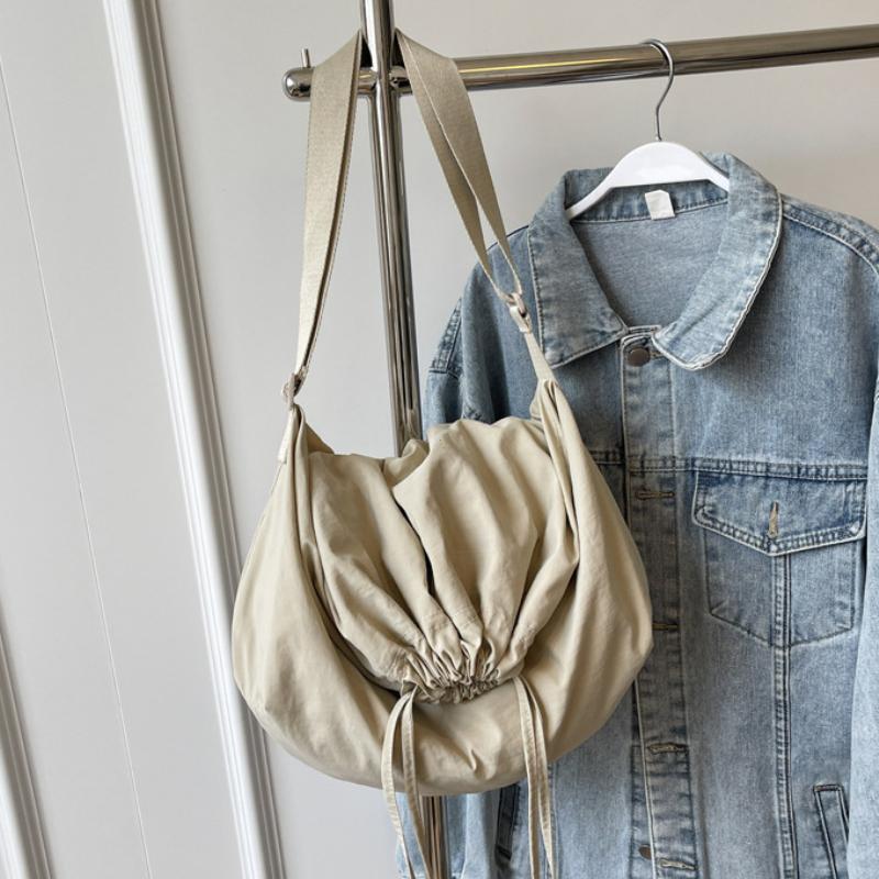 Women Drawstring Shoulder Bag Solid Drawstring Sling Bag Adjustable Strap Lightweight Shopping Bag Girls Outdoor