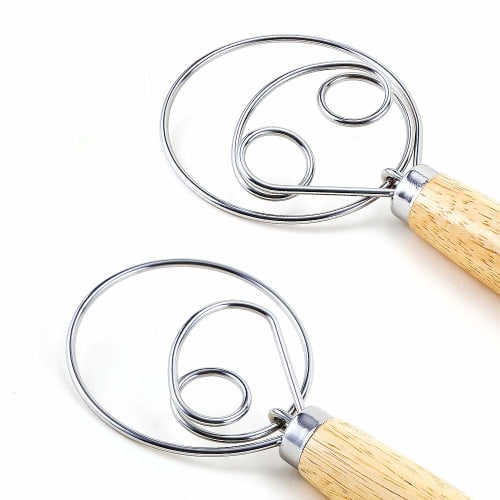 DIFENLUN Danish Dough Whisk Bread Mixer, 2-Pack, Stainless Steel Dutch Whisk Hand Mixer with Wooden Handle, Kitchen Baking Tool for Cakes, Desserts, S