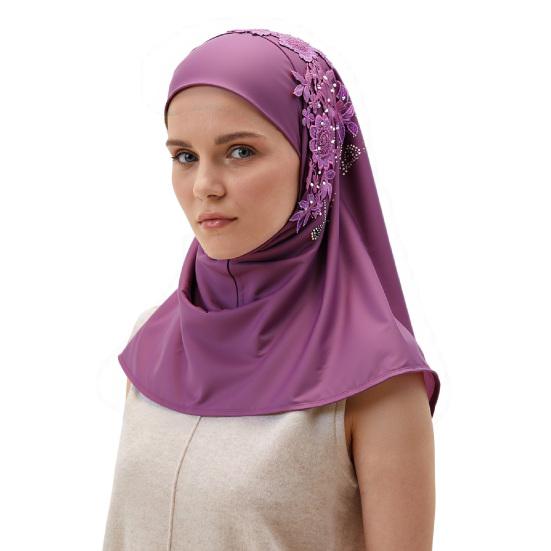 Women Solid Color Lace Rhinestone Muslim Hijab Wrap Islamic Scarf Cap Head Cover