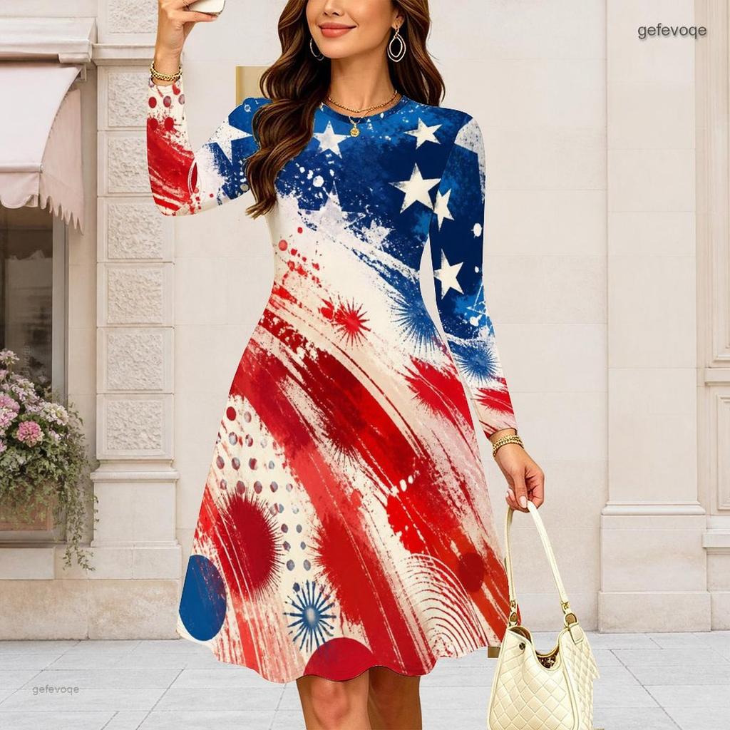 Women Plus Size Round Neck Long Sleeve Midi Dress Geometric Glitter Star Burst Print High Waist Swing Dress