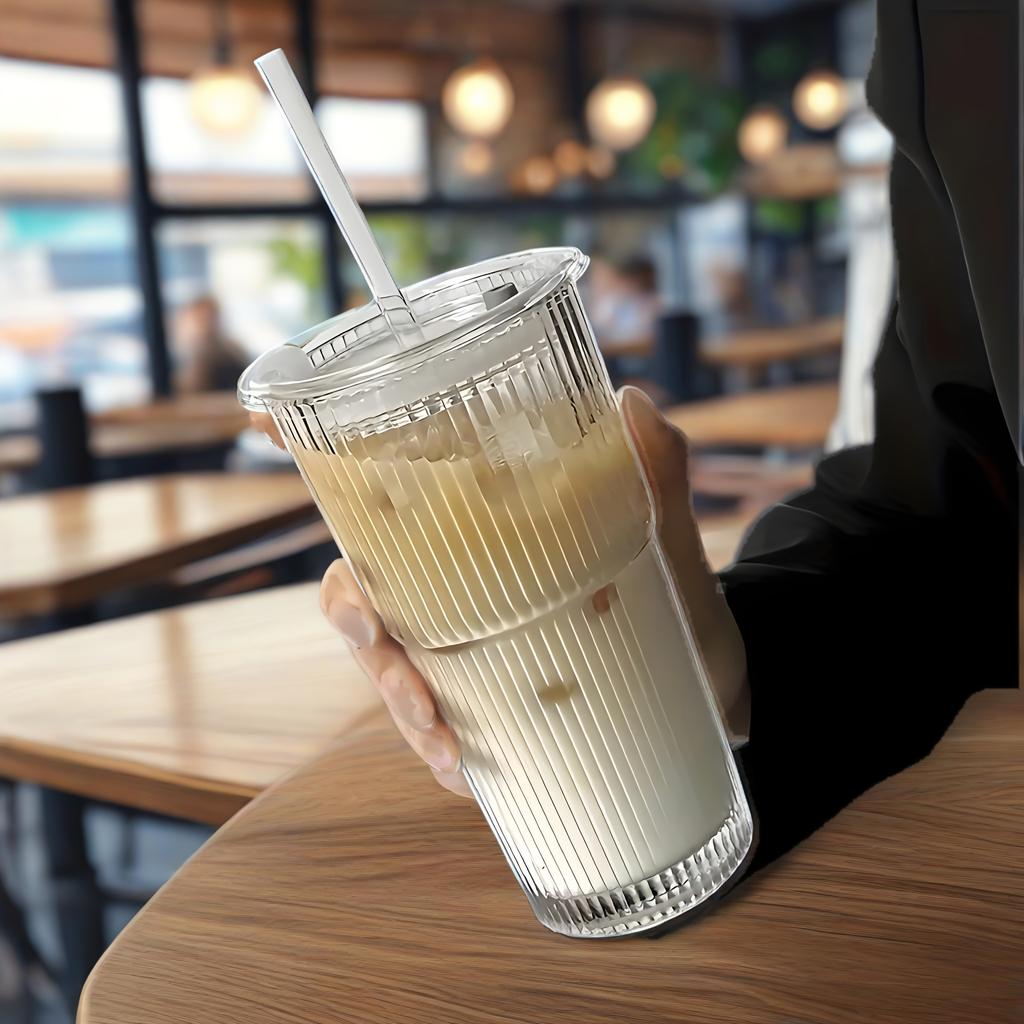 1pcs/2pcs/4pcs Glass Cups with Straws and Lids, Vertical Stripe Pattern, Elegant Home Use for Iced Drinks & Coffee