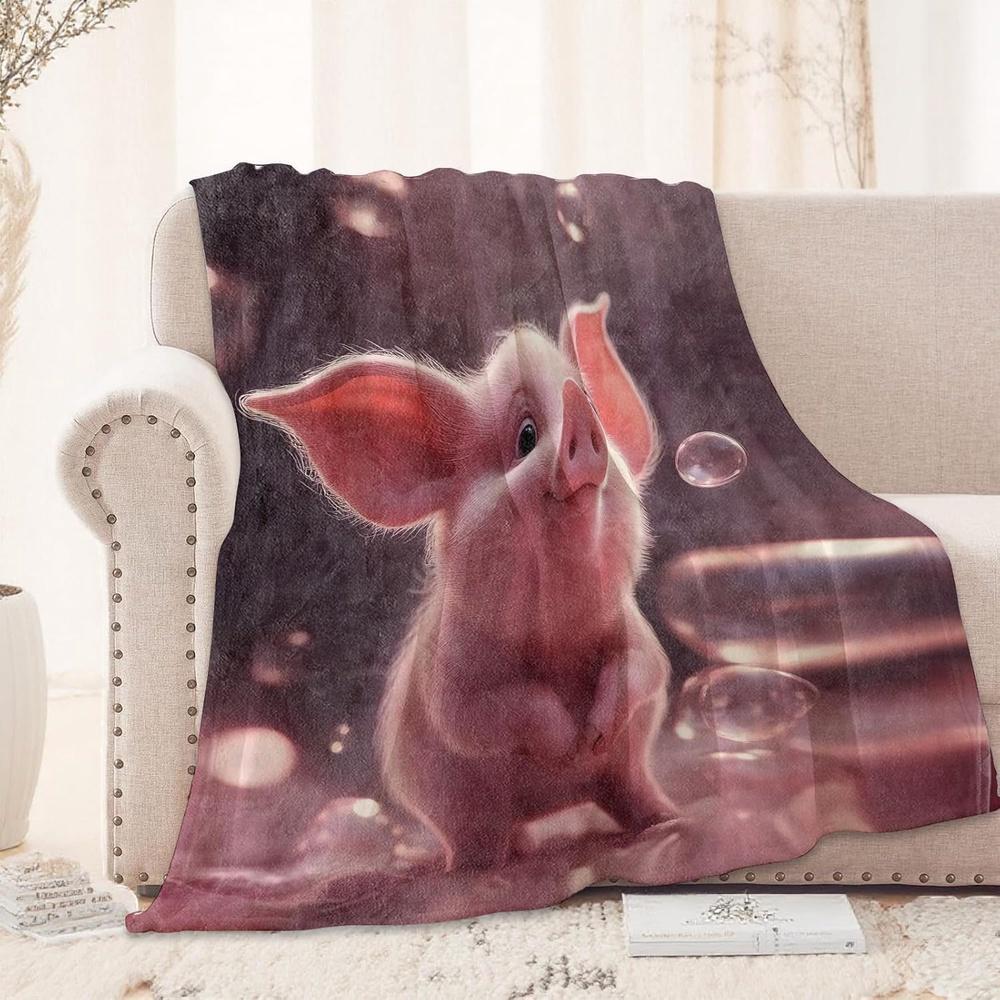 Cute Pink Pig Plush Flannel Blanket Inches - Soft Pink with Big Eyes & Floppy Ears, All-Season Cozy Throw for Bed, Sofa,