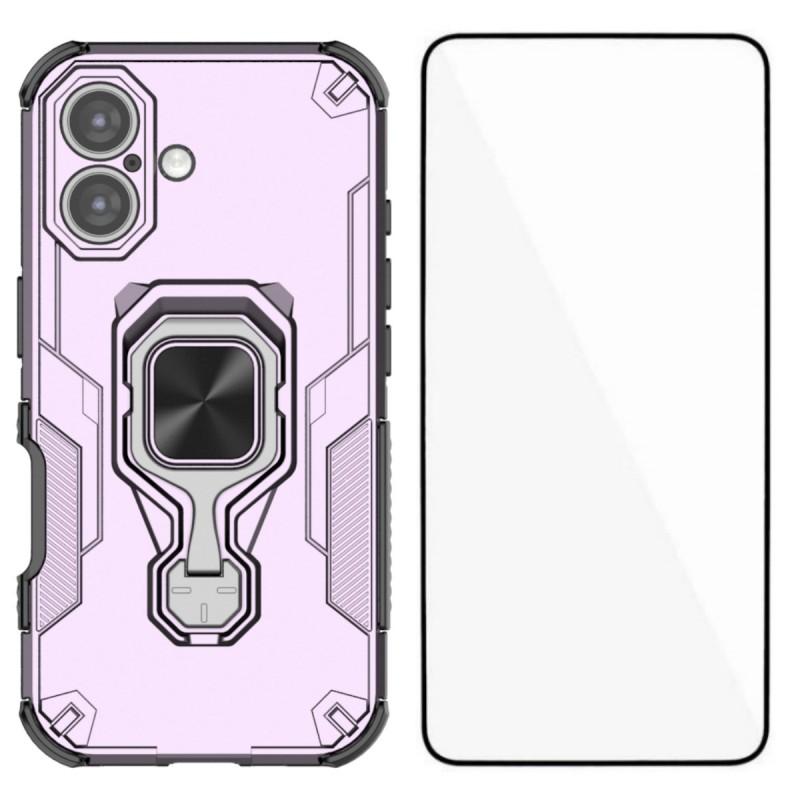 For iPhone 16 Plus Phone Case WANLONFENG PC TPU Back Cover Kickstand with Tempered Glass