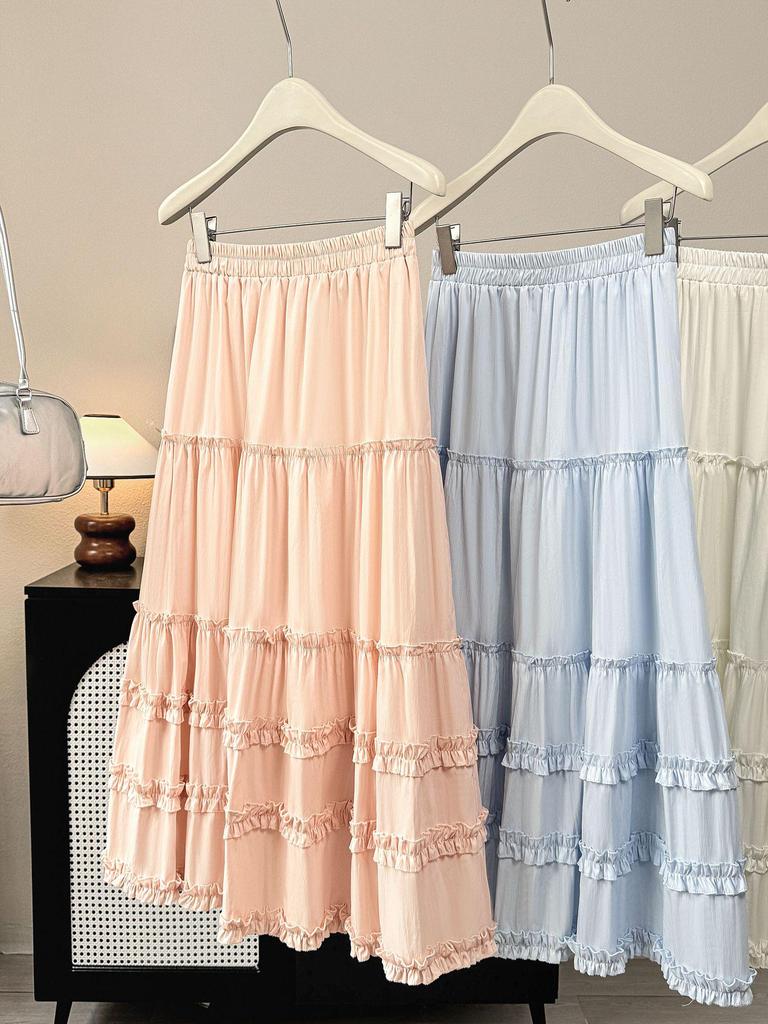 Korean-Style Black Layered Ruffled Lace Long Skirt - Women's Spring/Summer 2026