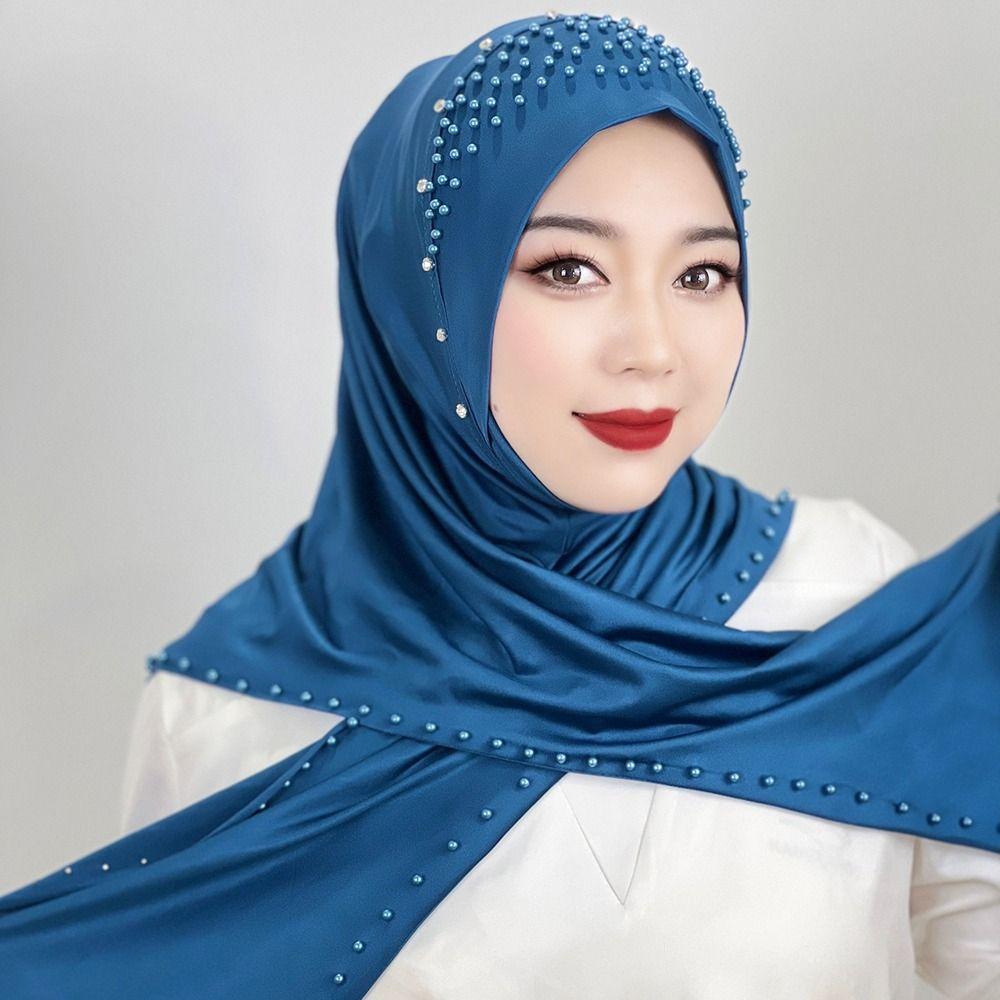Comfortable Beaded Muslim Hijab Solid Color Full Cover Turkish Head Wrap Scarf Arabic Hijab Hat