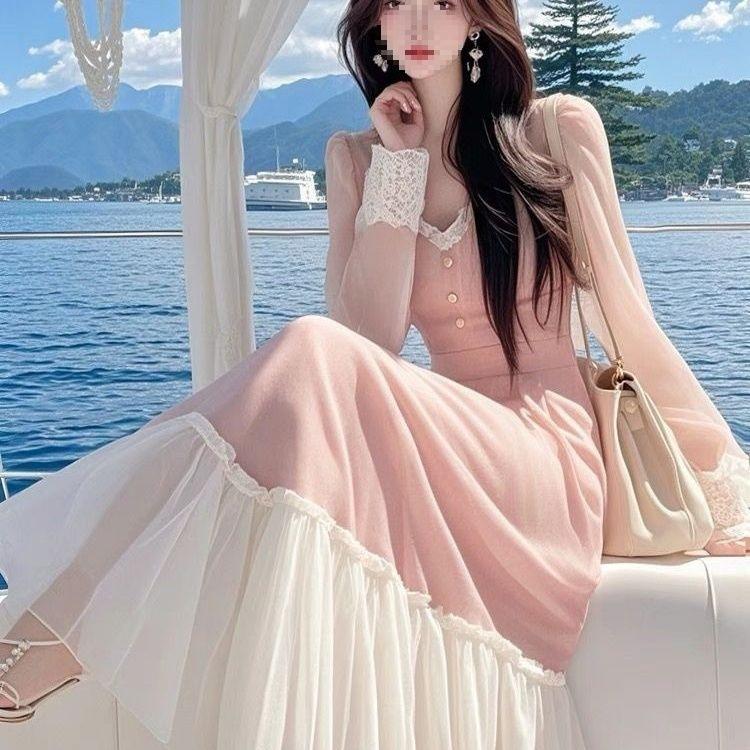 Super good-looking dress women s spring dress new French high-end temperament beautiful waist long dress new Chinese style S