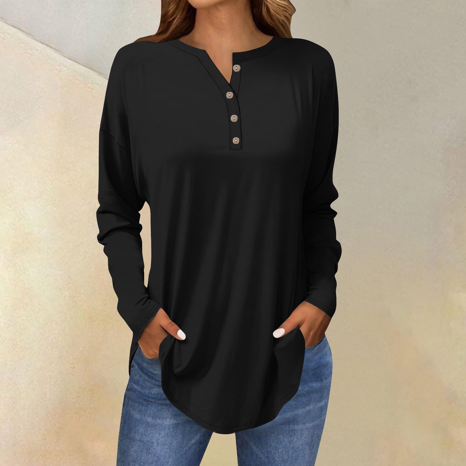

Tee Shirts For Women Fall Casual Long Sleeve Button Shirts Sweatshirt Vintage Top Pullover XL чёрный