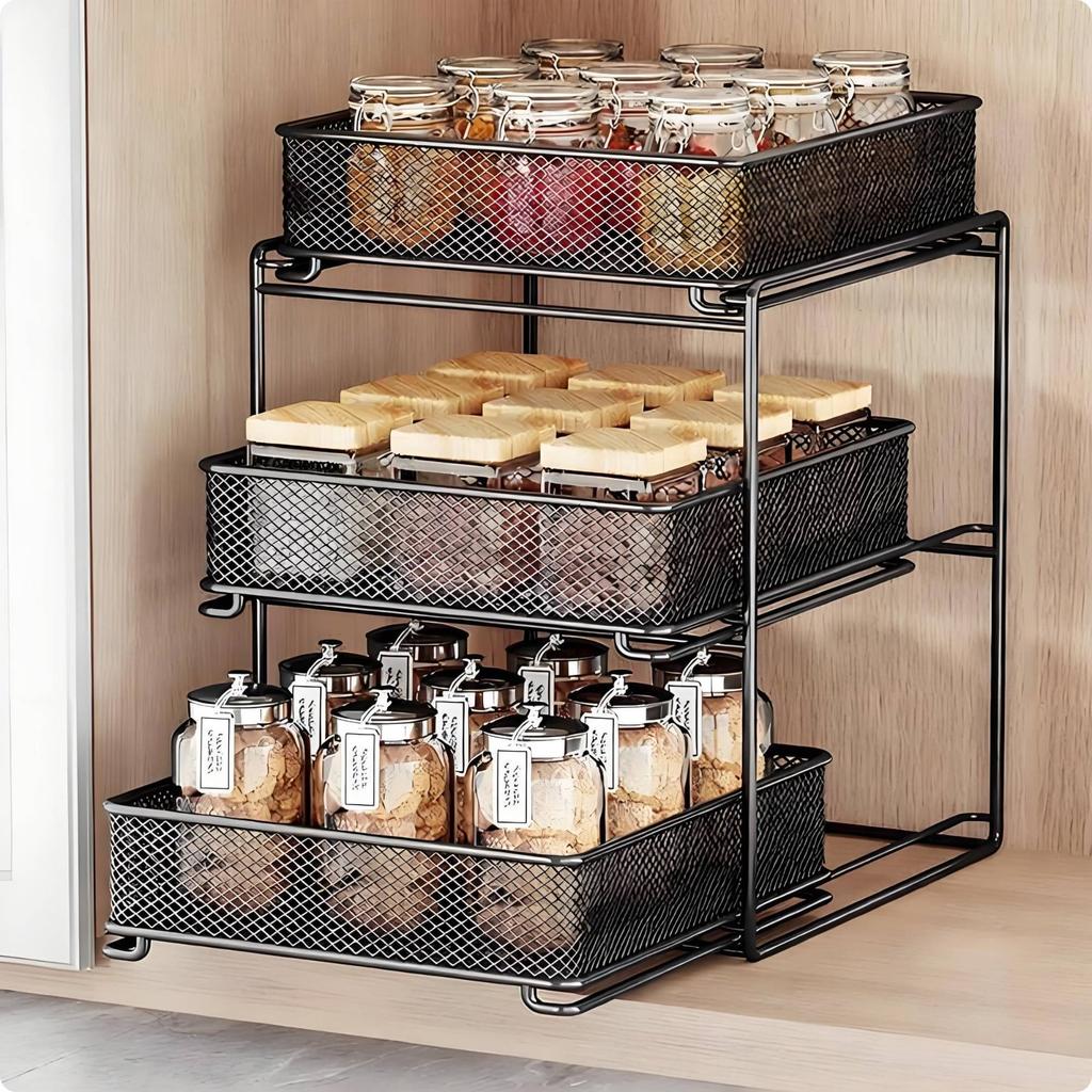 Pull out Organizer Shelf Space Saving Pull out Drawer Organizer Sliding Storage Drawer Sturdy Metal 3 Tier Slide Basket