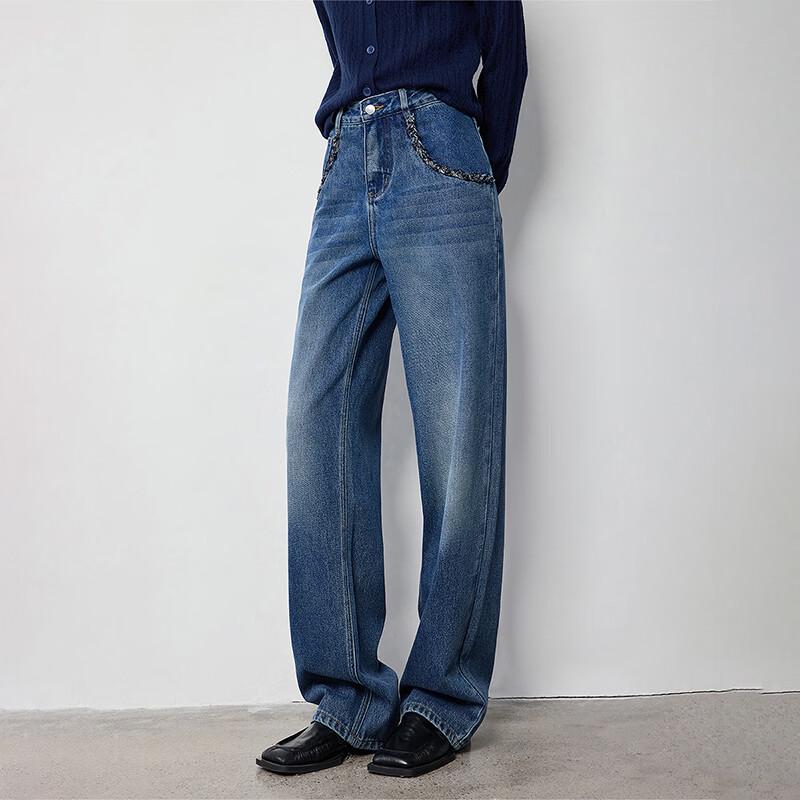 Chuyu Woven Trim Straight Wide-Leg Jeans for Women