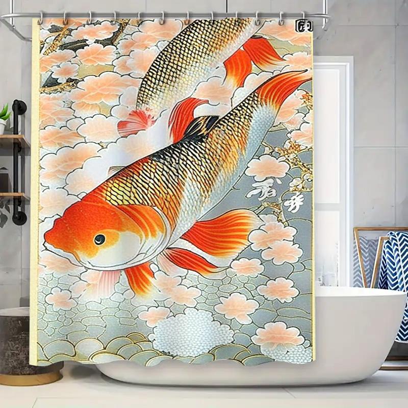

Modern Bathroom Decor Creative Fish Print Shower Curtain Set For Home Bathing Area With Hook Rods Includedpeach Blossom Design I W60H190(CM)-1 Pcs
