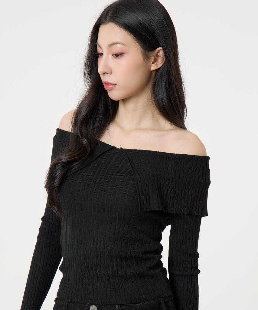 UNKNOWN PLANET Ruffle Boat Neck Long Sleeve Knit Top Black