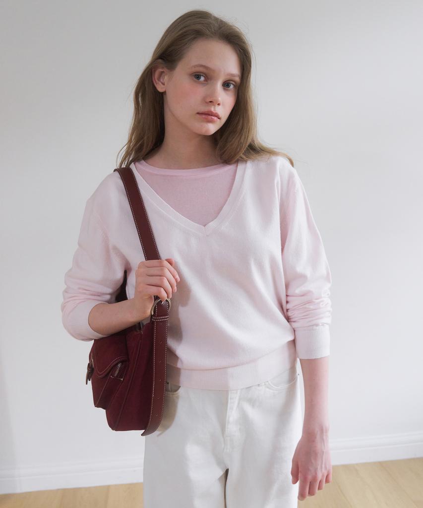 AMONG A Washable V-Neck Knit Top_Light Pink