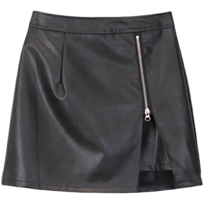 Korean Style High-Waist Irregular Zipper PU Leather A-line Midi Skirt for Women, 2025 Collection