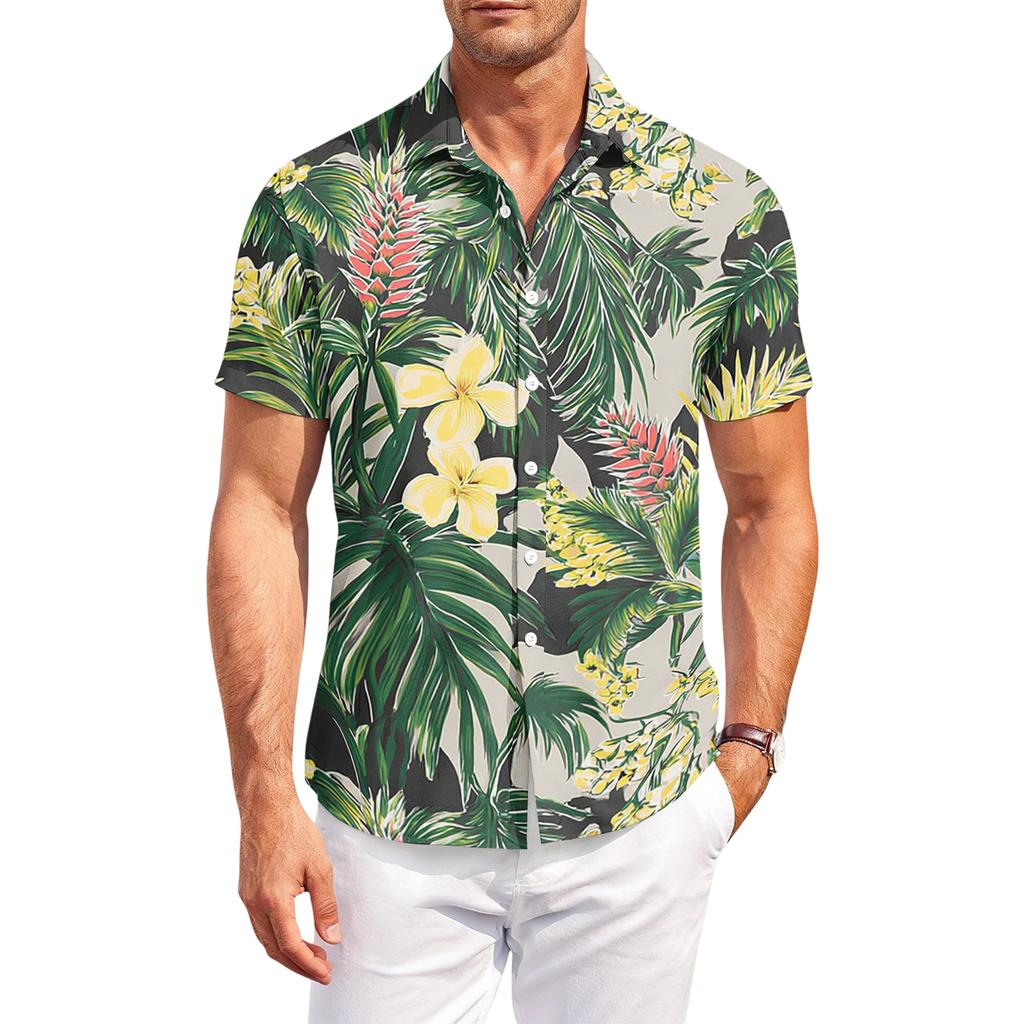 Casual losvallend herenshirt met korte mouwen, tropische bloemenprint, knoopsluiting, voor zomer, strand, buiten