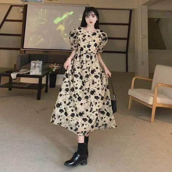 Korean Style Puff Sleeve Floral Midi Dress for Women