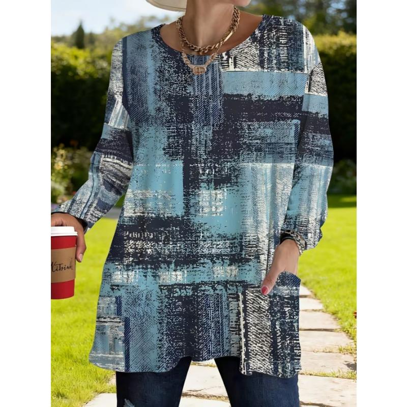 Women's Long-sleeved Round-neck T-shirt, Suitable for Spring, Autumn and Winter Seasons. It Has Pockets and Print Designs. Machine Washable.