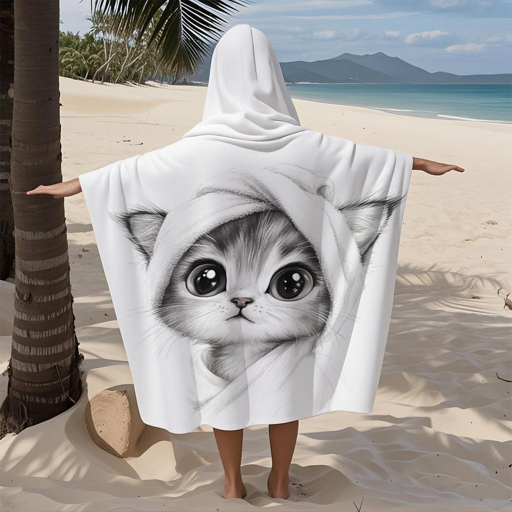 Cute Kitten Hooded Beach Towel 2D Oversized Quick Dry Sand Free Towel for Beach Pool Swimming Travel Soft Absorbent Towel Gift
