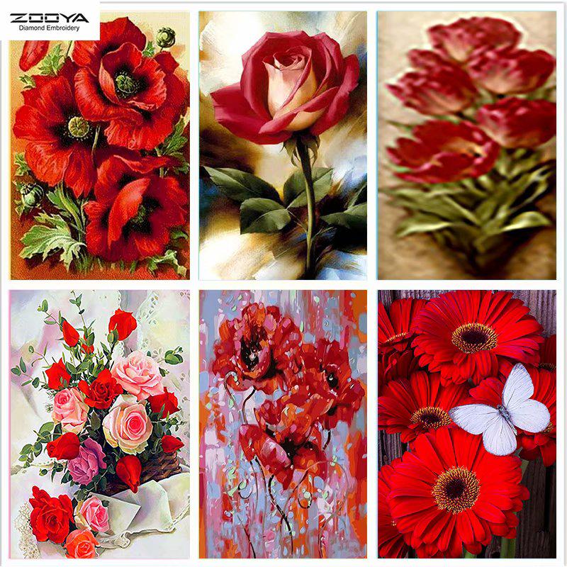 

ZOOYA DIY Полный дрель Алмазная картина Красные цветы Художественная вышивка Стежок Мозаика Домашний декор Подарок