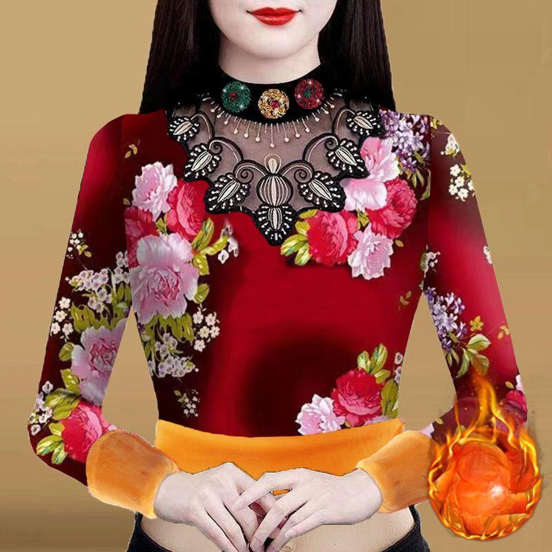 

Осень-зима, утолщенная бархатная майка, женская кружевная футболка с длинными рукавами и принтом, облегающая теплая пуловер, эластичная нижняя рубашка 4XL